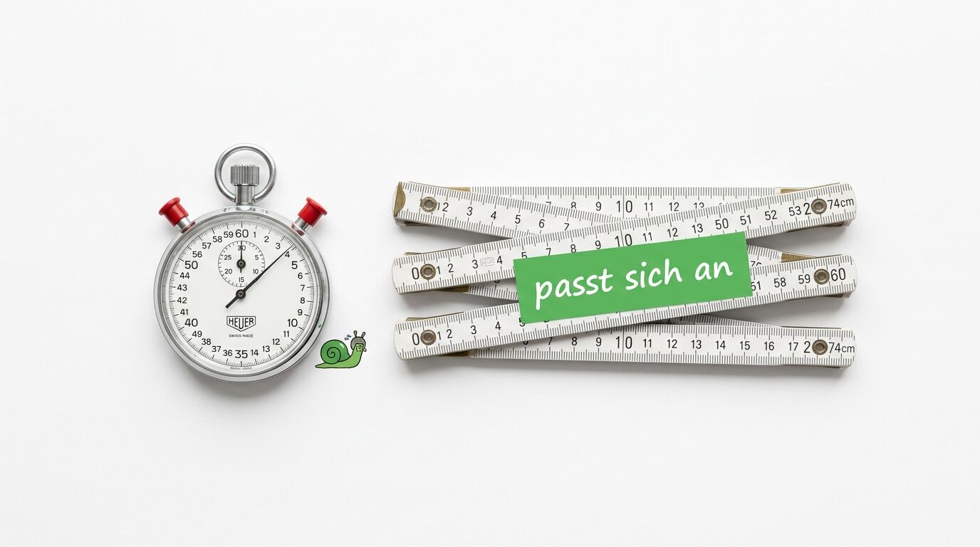 Stoppuhr, Schnecke und Zollstock mit grünem Schild „passt sich an“