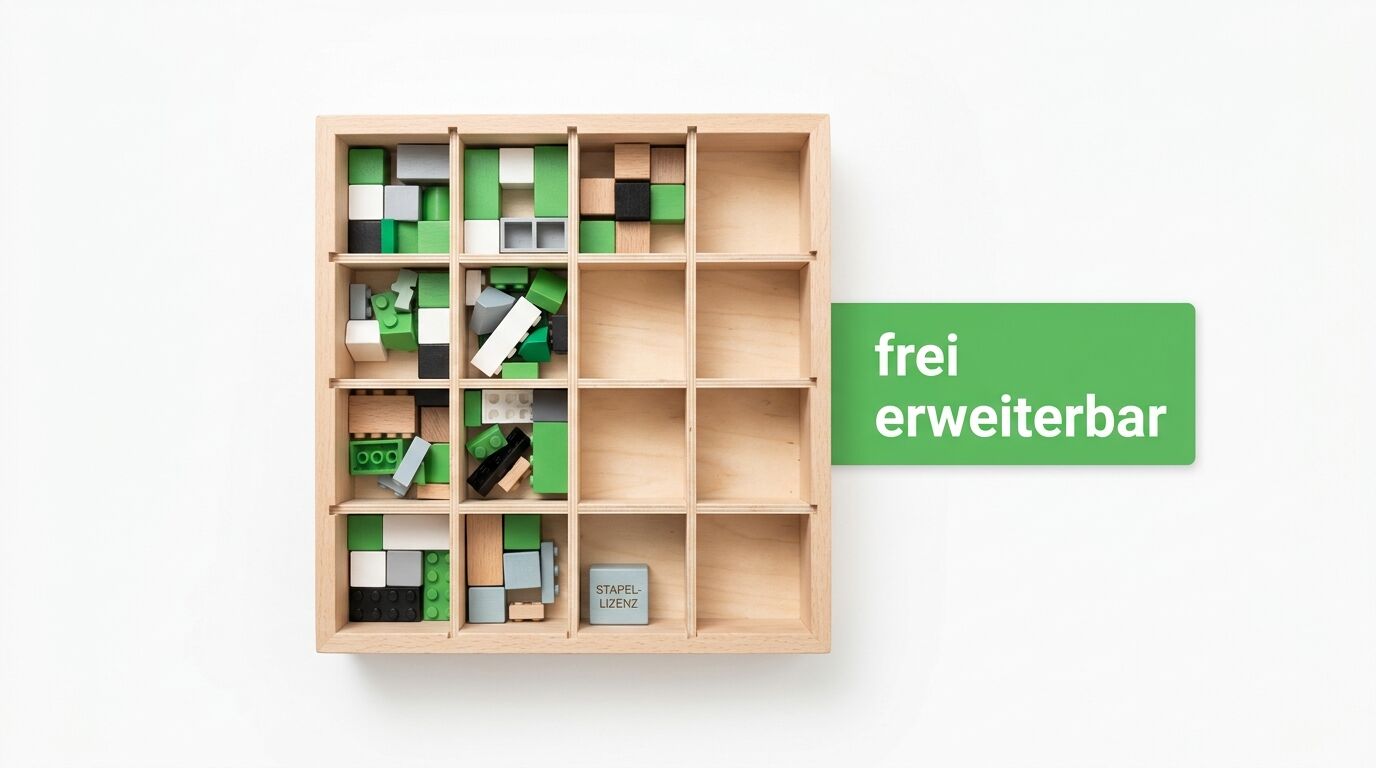Holzregal mit Legosteinen, teilweise leer, Text rechts: