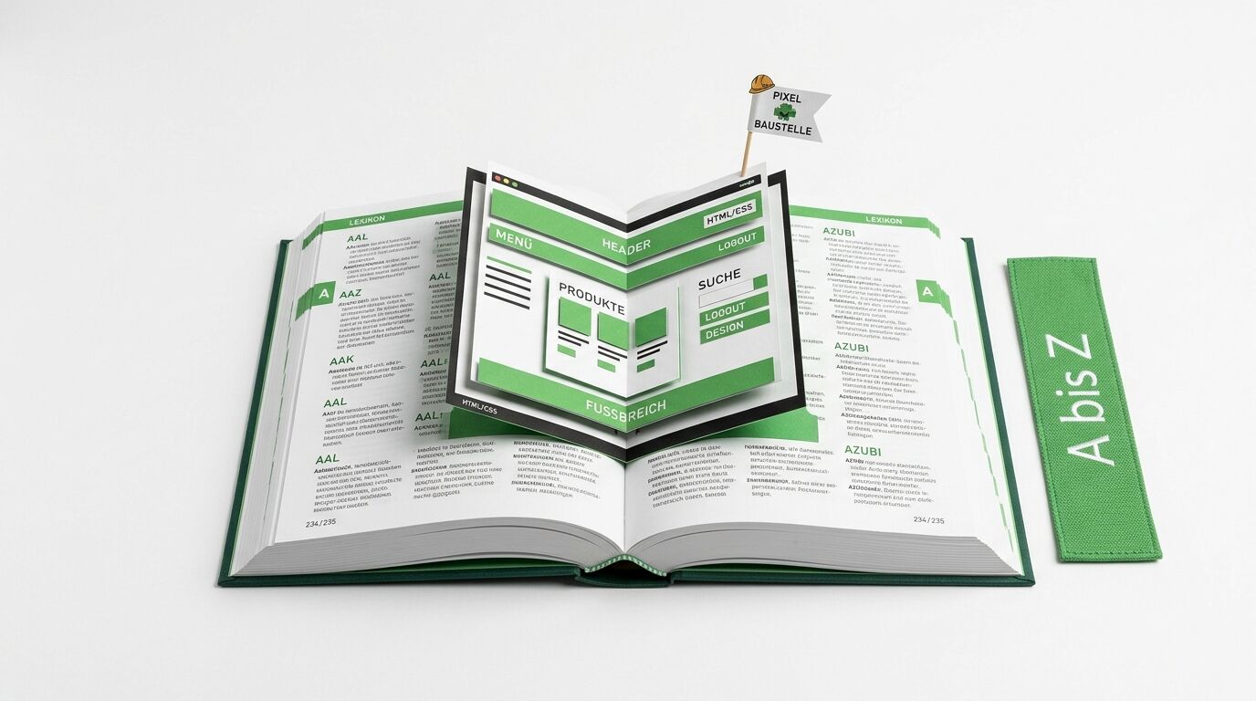Ein offenes Pop-up-Buch mit Wireframe-Struktur und Text sowie einem Lesezeichen