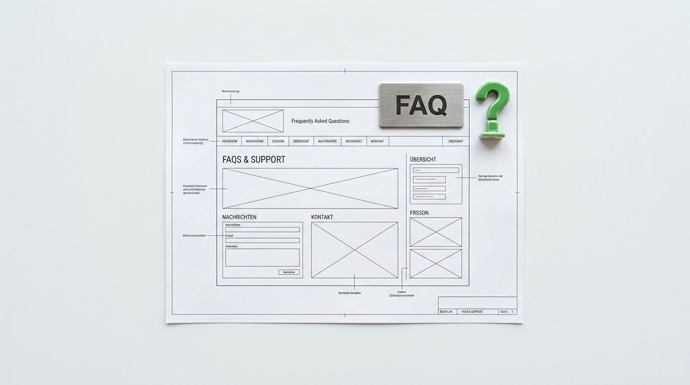 Website-Entwurf für FAQ mit Metallschild und grünem Fragezeichen auf weißem Hintergrund