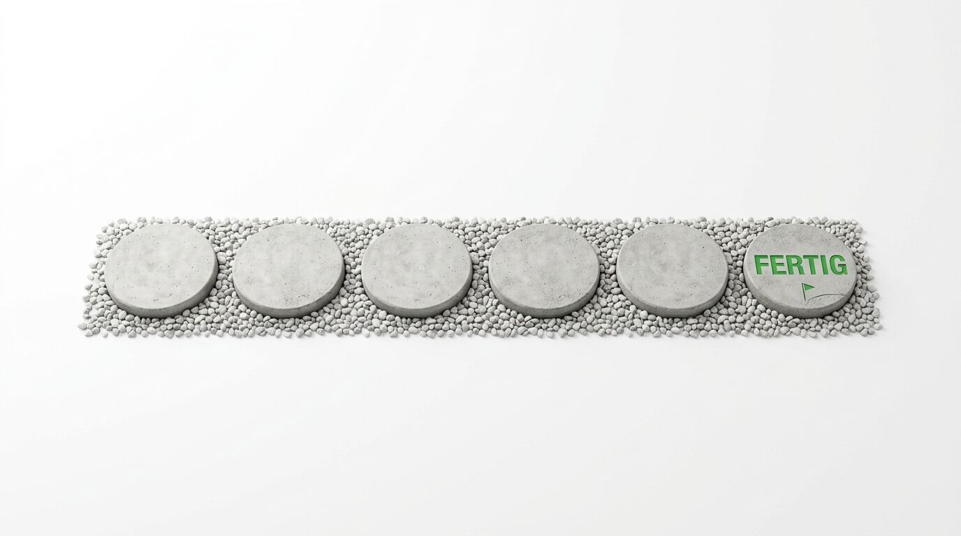Sechs graue Betonpads in einer Reihe auf weißem Kies, das letzte mit grünem "FERTIG"-Text