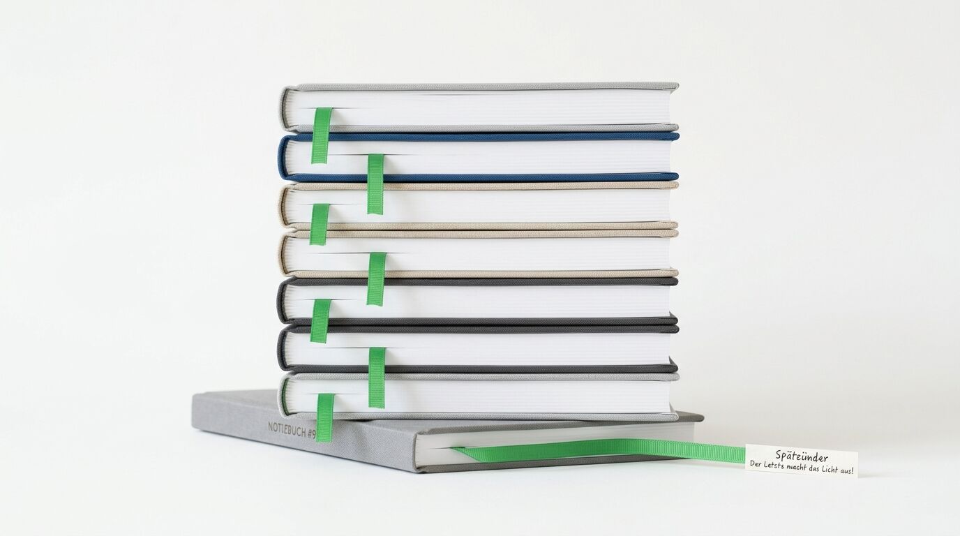 Stapel aus neun Büchern mit grünen Lesezeichen und grauem Einband auf weißem Hintergrund
