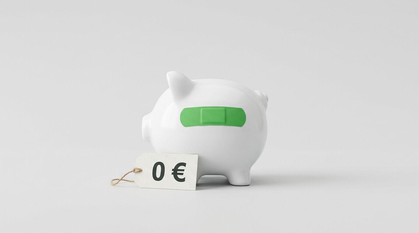 Weißes Sparschwein mit grünem Pflaster und Preisschild "0 €" auf grauem Hintergrund