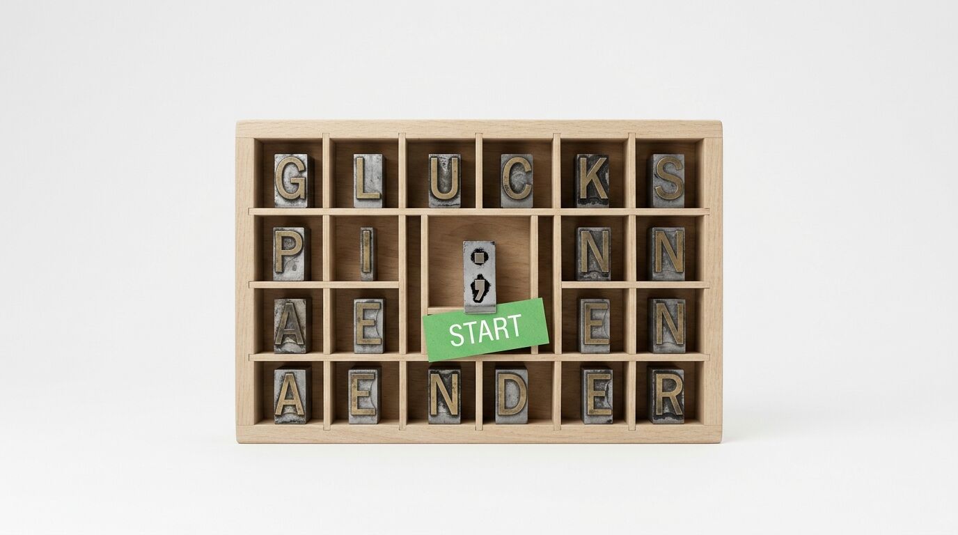 Holzkasten mit Buchstabenstempel, die Wörter "GLUCKS PINN AENDER" bilden. Ein grünes Etikett mit "START" markiert die mittlere Position