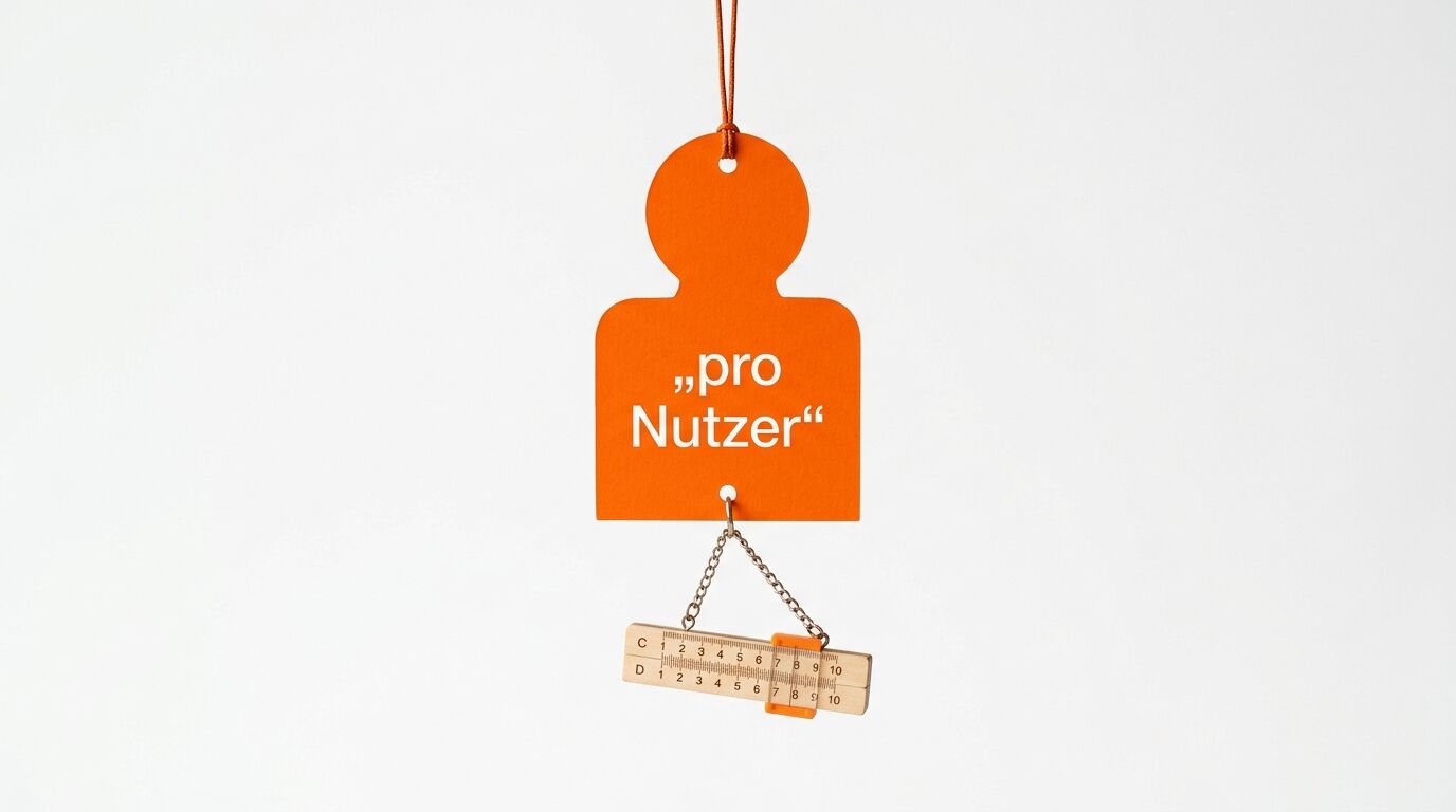 Orangenes Anhänger-Schild "pro Nutzer" mit Zollstab und orange Elementen, an Kordel hängend