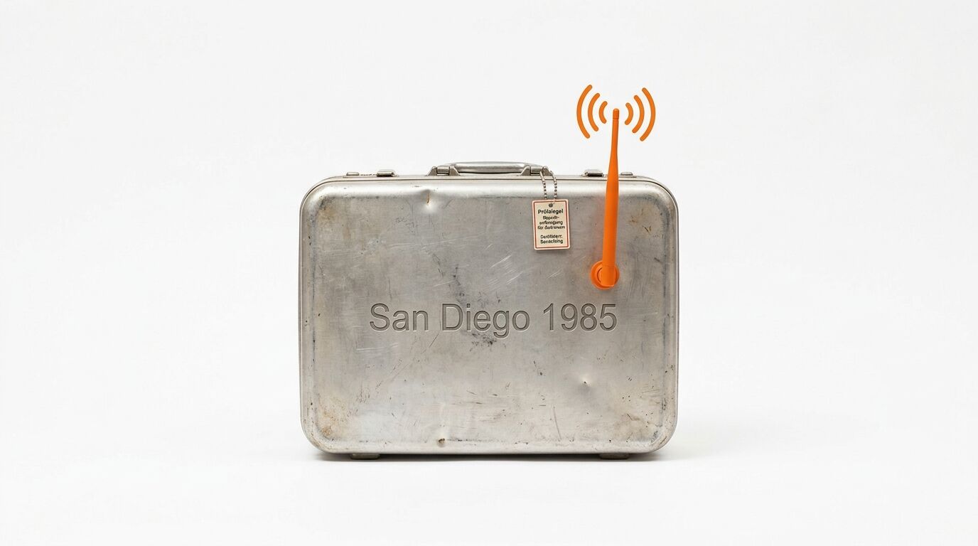Metalkoffer mit Prägung „San Diego 1985“, Anhänger und orangefarbener Sendeantenne
