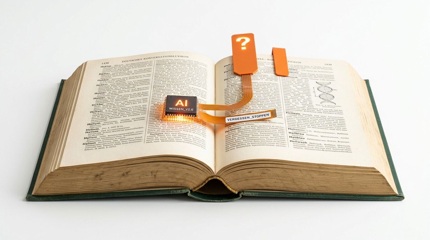 Altes Lexikon mit Chip, Fragezeichen, Kabel und Text