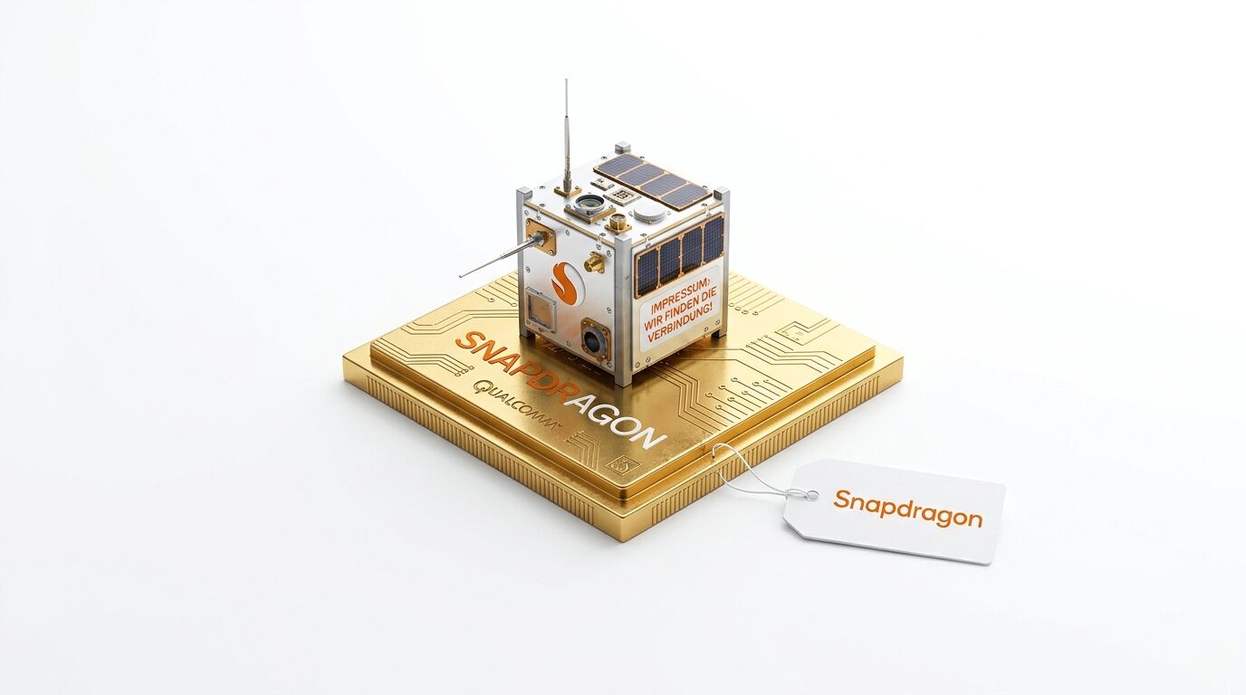 Modell eines Satelliten auf goldenem Qualcomm Snapdragon Sockel mit Anhänger
