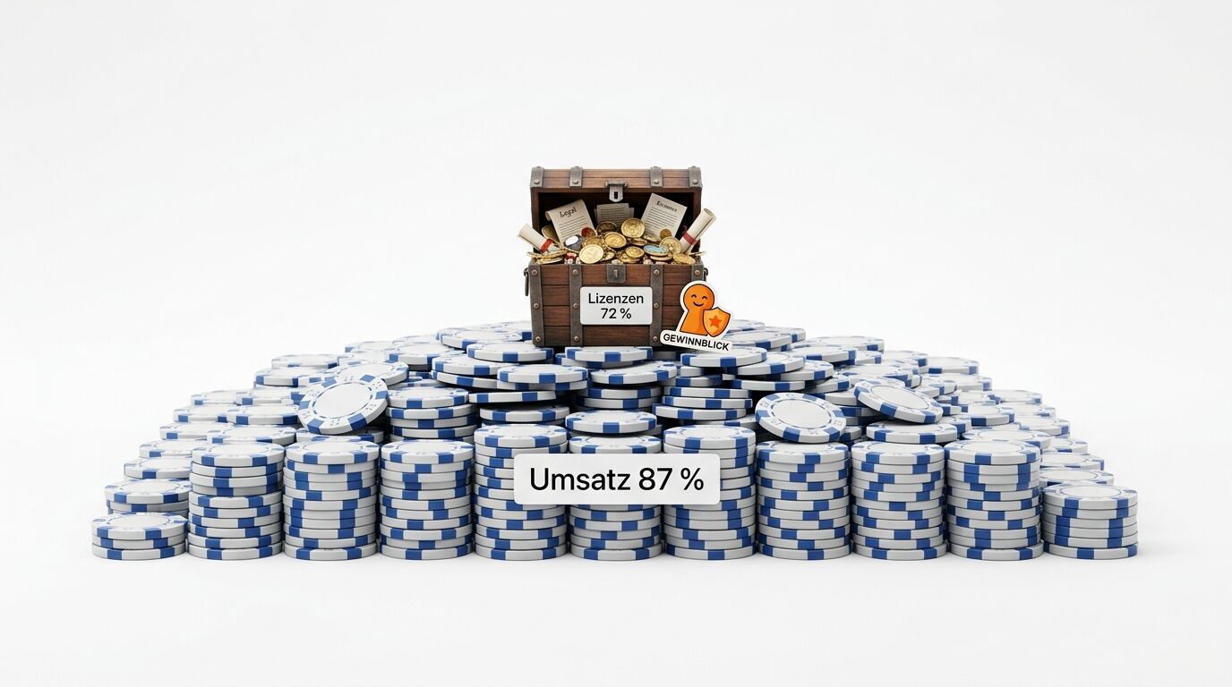 Schatztruhe mit Münzen und Urkunden steht auf Stapeln von Pokerchips mit Prozentangaben