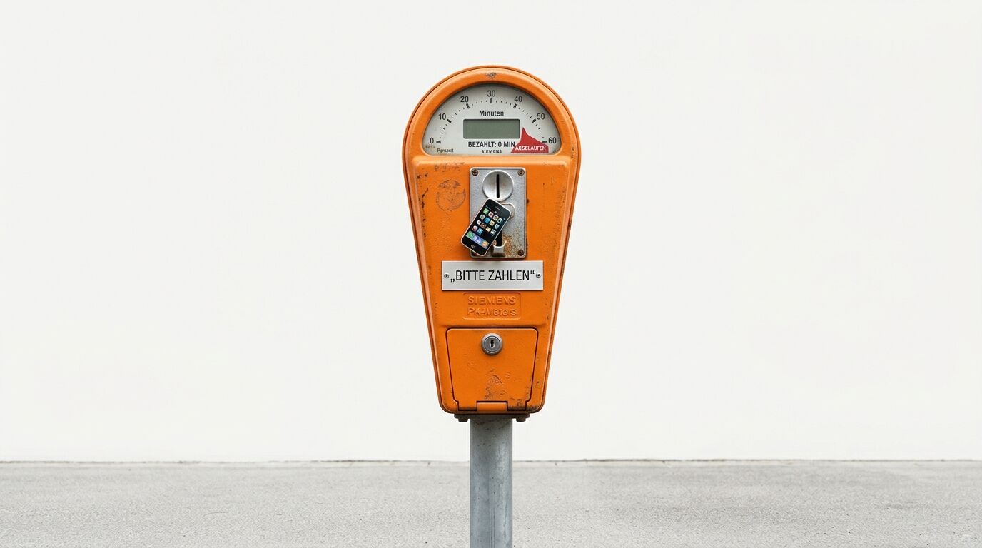 Orangene Parkuhr mit kleinem iPhone im Münzschlitz vor weißem Hintergrund