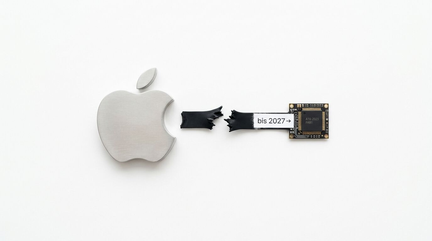 Zerschnittenes Kabel verbindet Apple-Logo mit Chip-Platine; darauf „bis 2027 →“