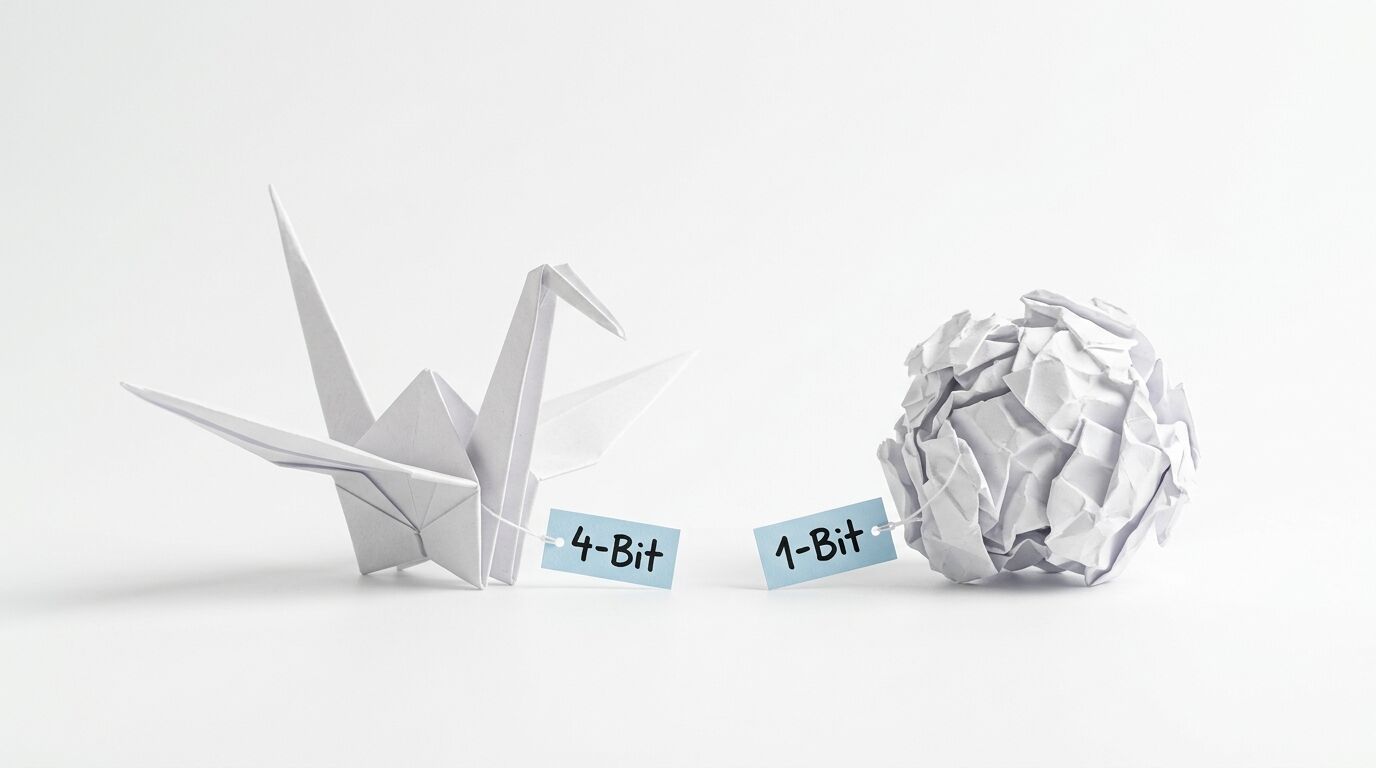 Papierkranich mit „4-Bit“-Schild neben zerknülltem Papierball mit „1-Bit“-Schild auf Weiß