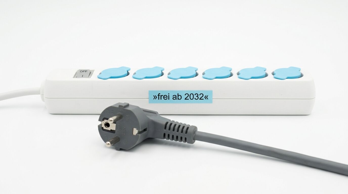 Steckdosenleiste mit blockierten Plätzen und Schutzkontaktstecker davor