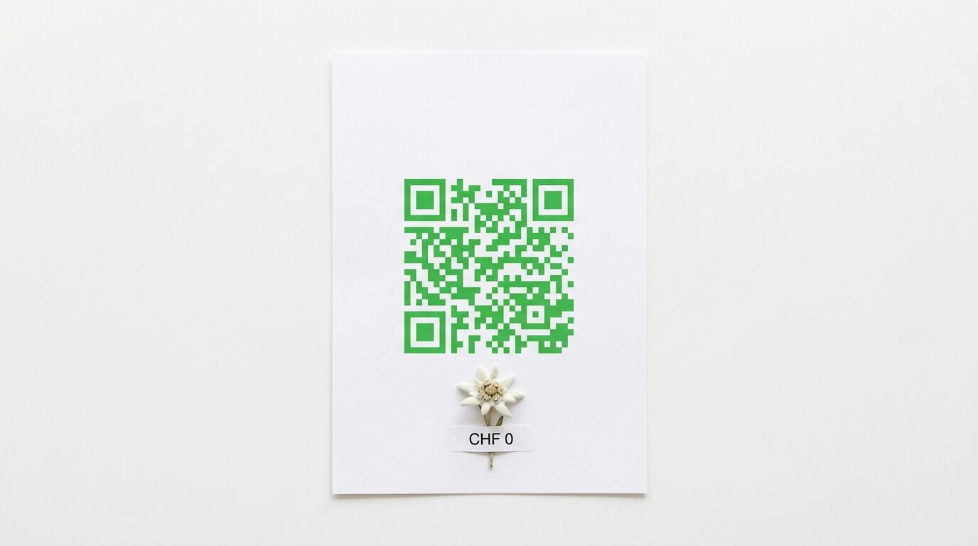 Weißes Papier mit grünem QR-Code, Edelweiß und Text 