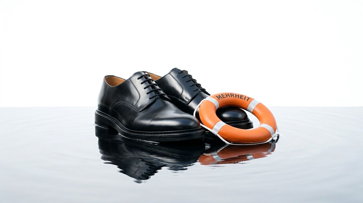 Ein Paar schwarze Lederschuhe im Wasser mit einem Rettungsring, beschriftet mit „MEHRHEIT“