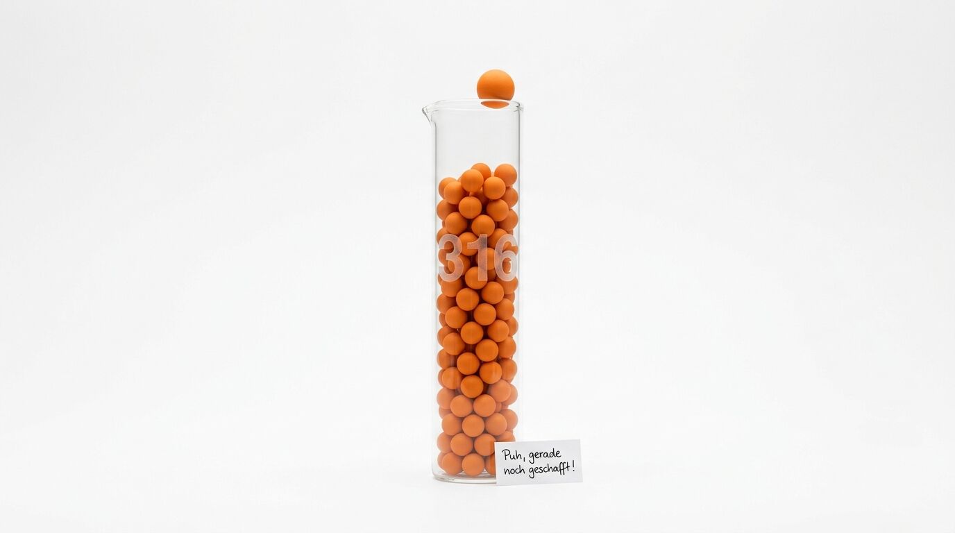 Messzylinder mit orangefarbenen Kugeln, Zahl 316, Schild mit Text „Puh, gerade noch geschafft!“