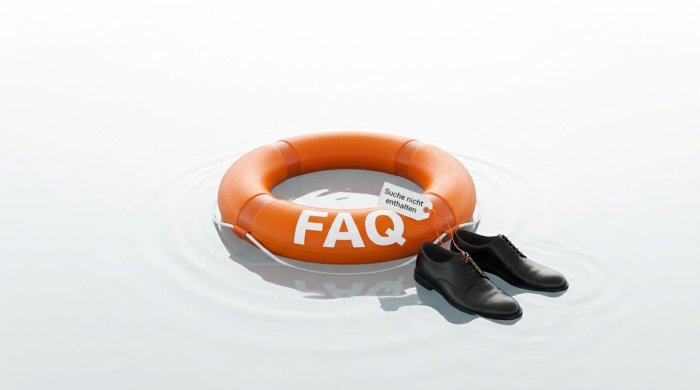Ein oranger Rettungsring mit der Aufschrift „FAQ“ und schwarze Lederschuhe im Wasser
