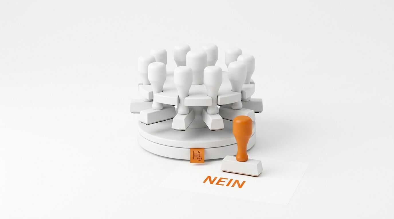 Wiedervorlage mit weißen Stempeln, davor oranger Holzstempel mit Abdruck „NEIN“ in Orange auf Papier