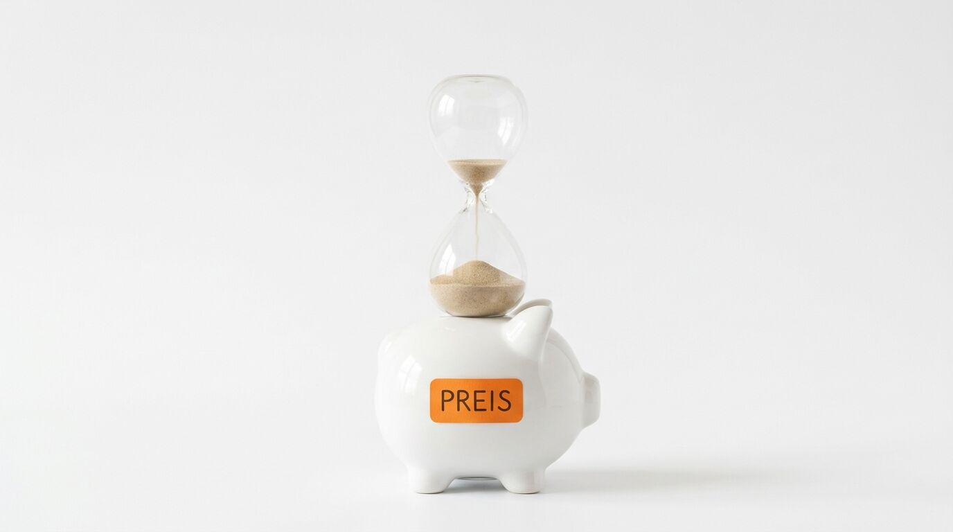 Spardose mit Aufschrift PREIS und darauf platzierter Eieruhr vor weißem Hintergrund