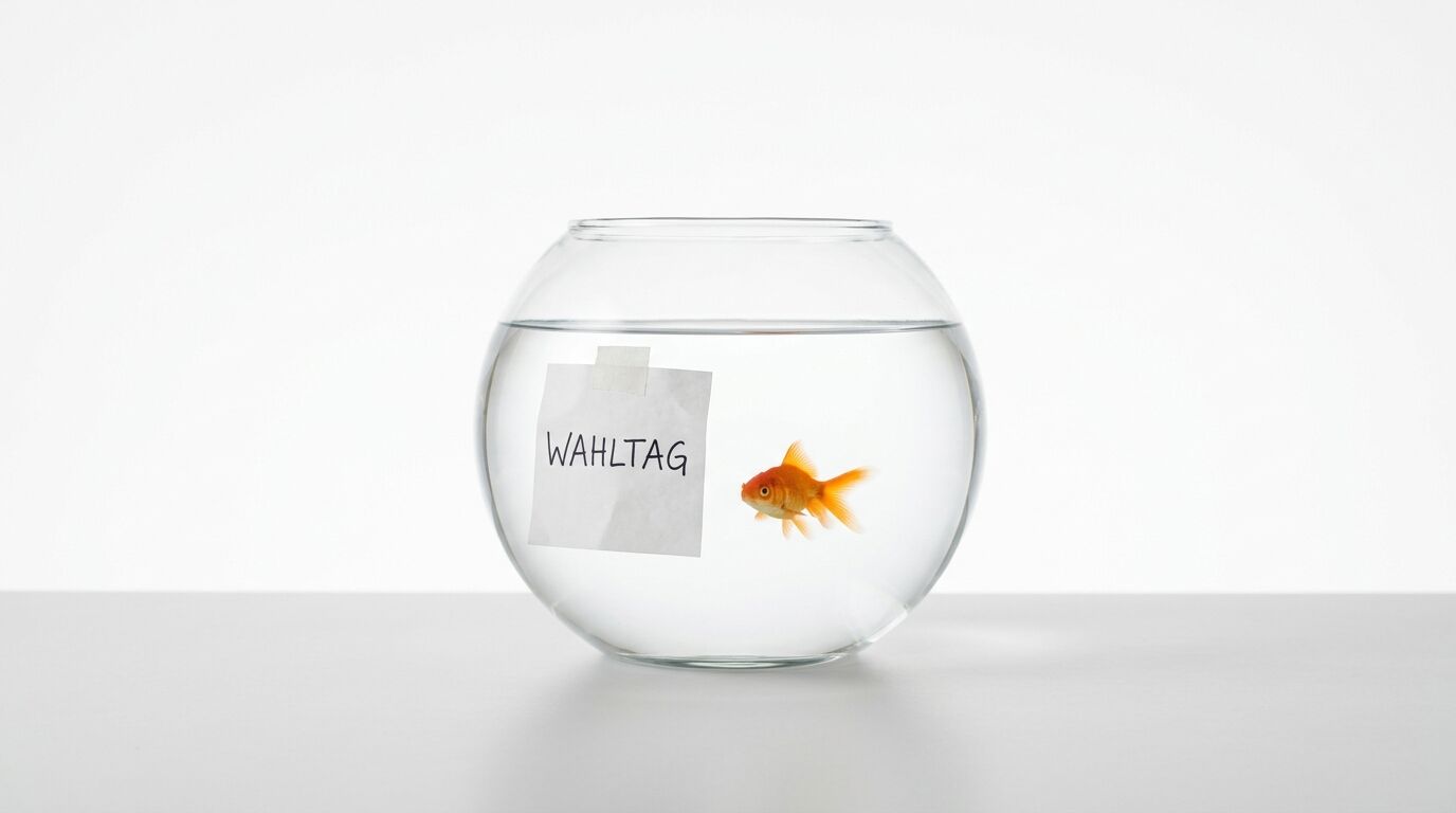 Ein Goldfischglas mit einem Goldfisch und einem Zettel mit der Aufschrift
