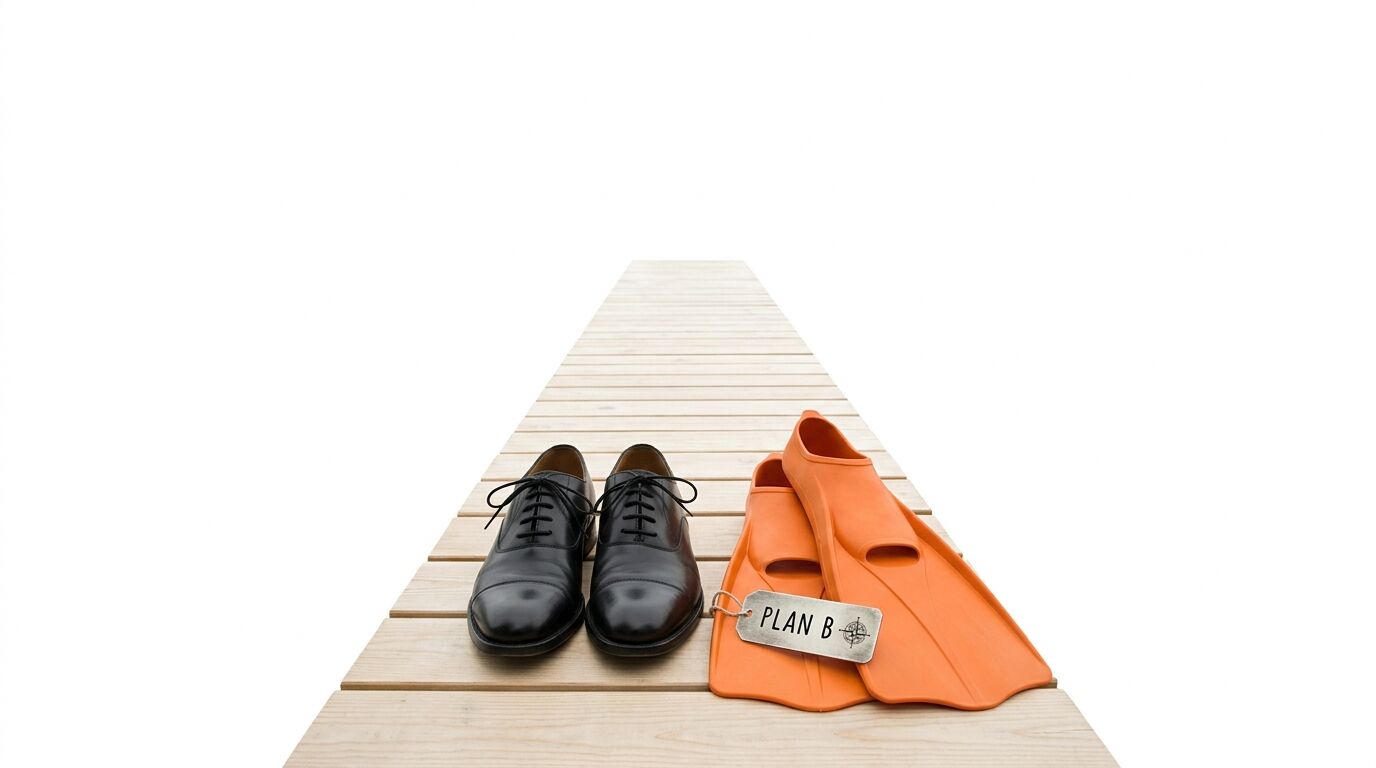 Schwarze Herrenschuhe und orange Taucherflossen mit
