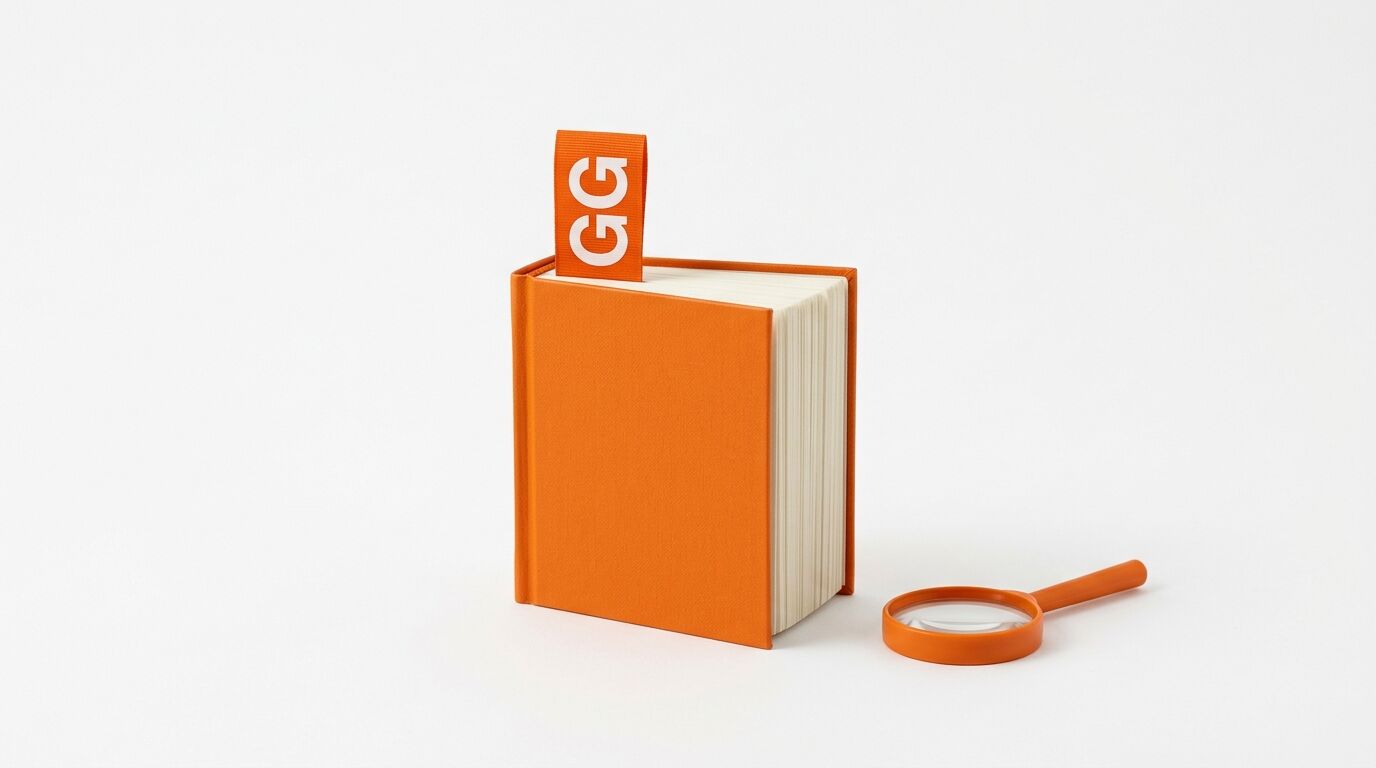 Oranges Buch mit „GG“-Lesezeichen und orangefarbener Lupe auf weißem Grund