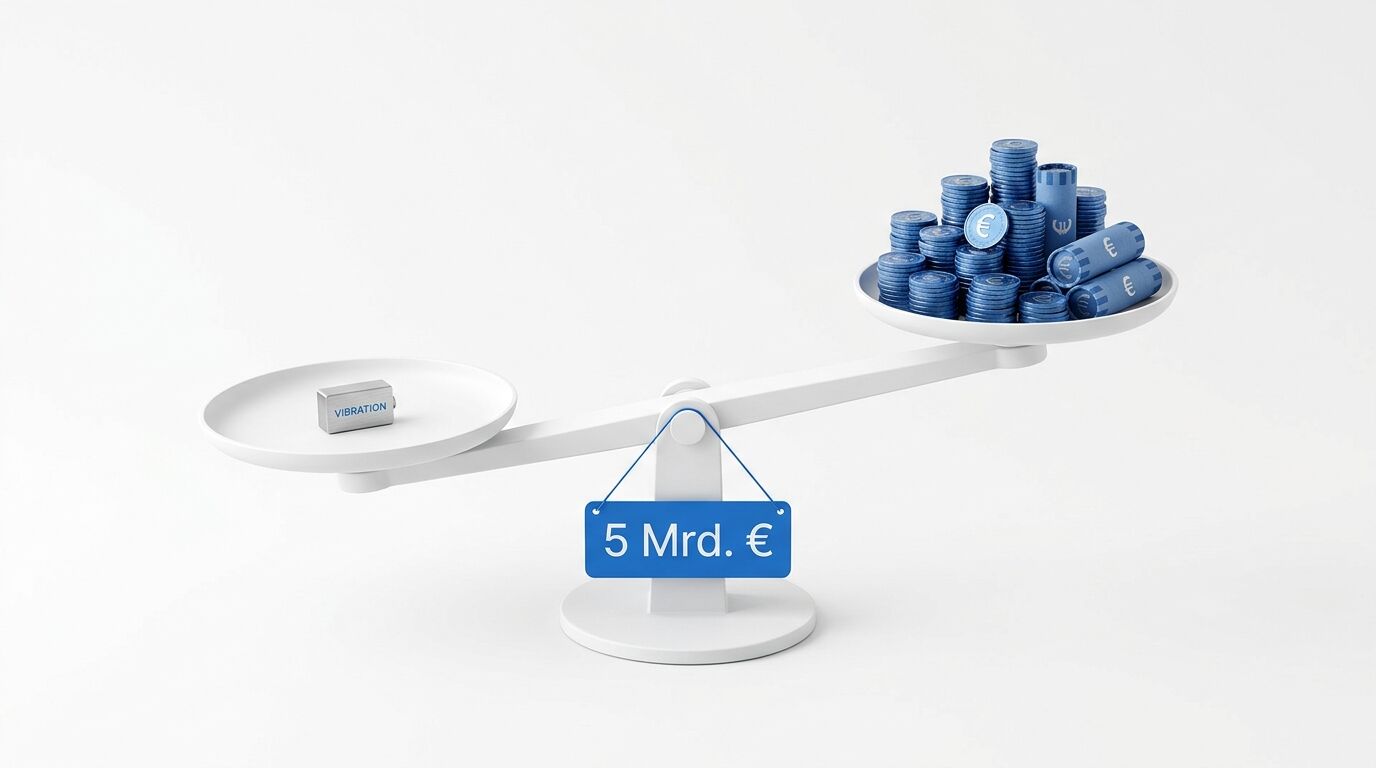 Eine Waage zeigt links ein Gewicht „Vibration“ und rechts Euro-Münzen, Schild mit „5 Mrd. €“