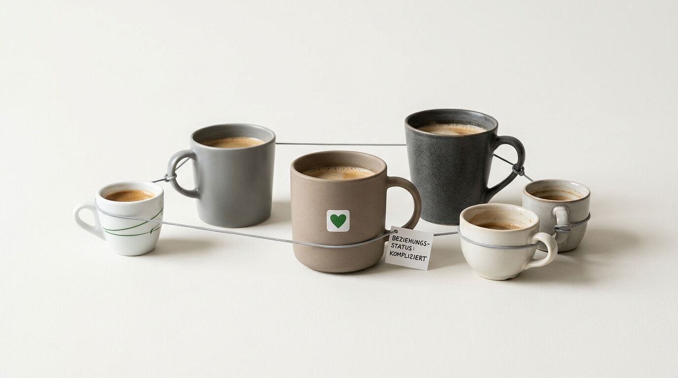 Sechs Kaffeetassen in verschiedenen Größen und Farben sind durch eine graue Schnur verbunden