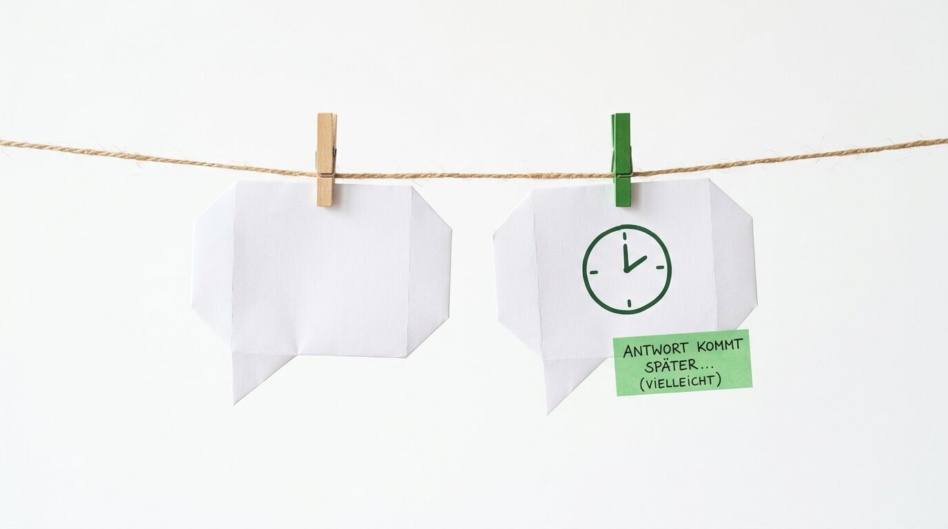Zwei Papier-Sprechblasen an einer Leine; rechte mit Uhr-Symbol und grünem Text-Label