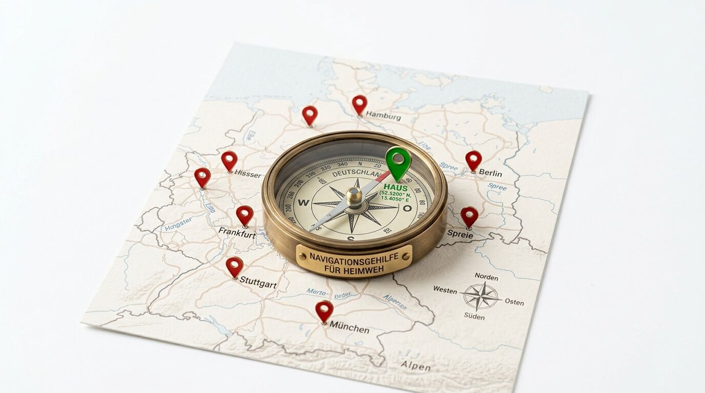 Ein Kompass liegt auf einer Deutschlandkarte mit roten und einer grünen Stecknadel