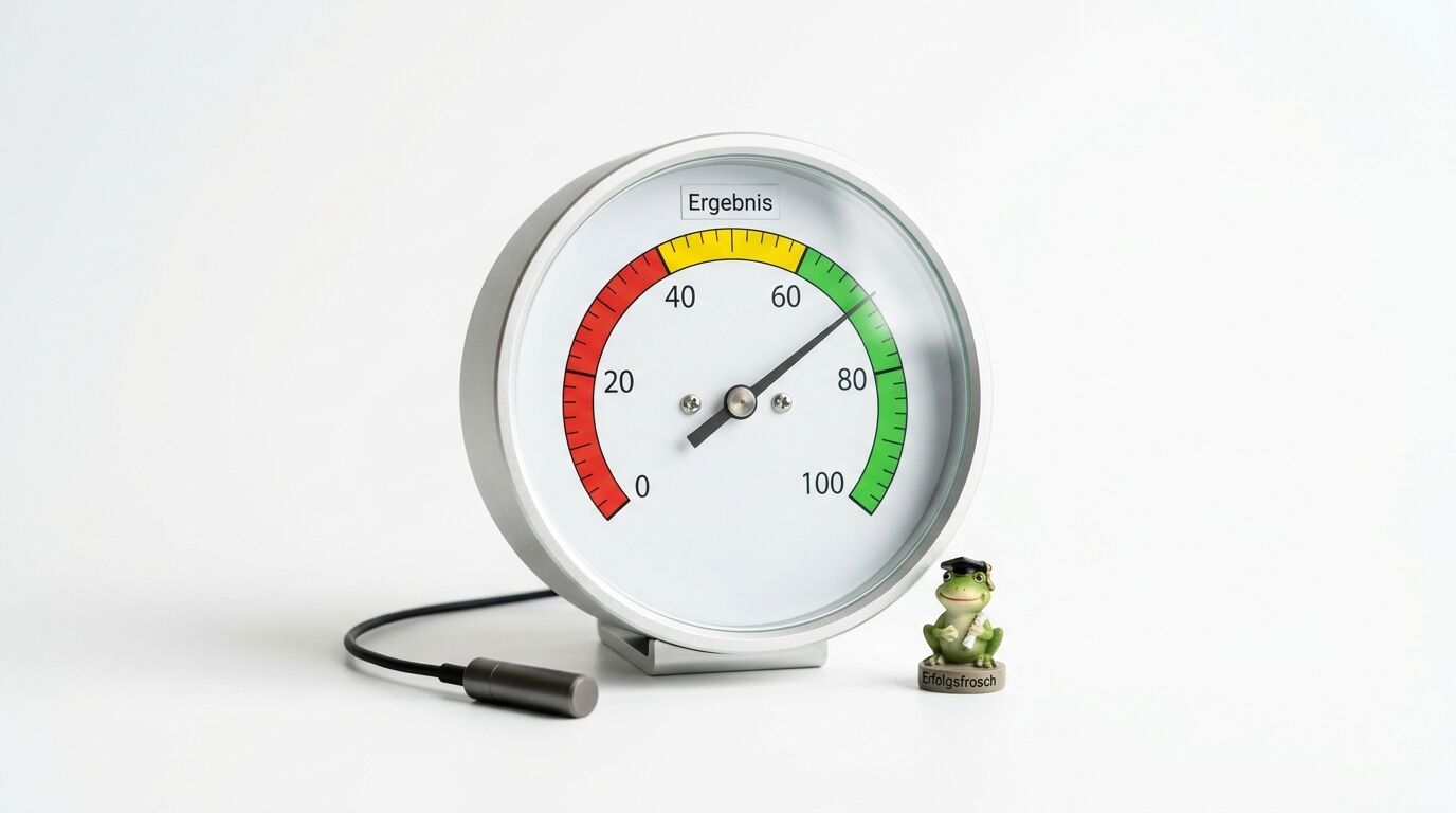 Manometer „Ergebnis“ mit Zeiger auf ca. 72 % und ein Frosch auf weißem Grund