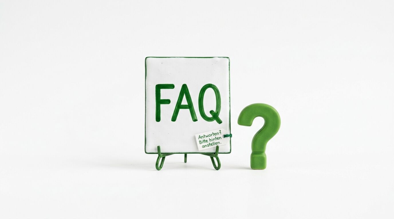 Tafel mit grünem Aufdruck FAQ und Notizblock sowie grünes Fragezeichen daneben