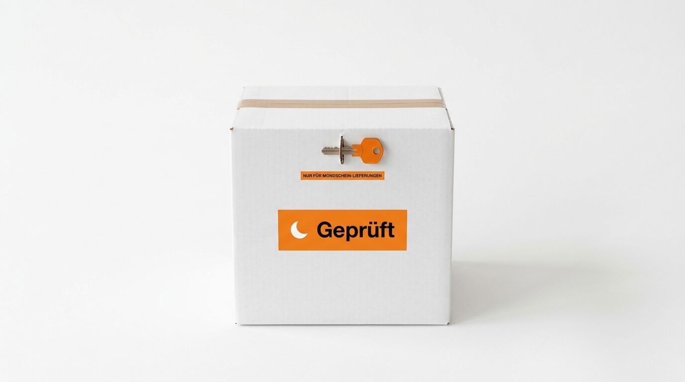 Weißes Paket mit Schlüssel, Mond-Symbol und Aufkleber „Geprüft“ vor hellem Hintergrund