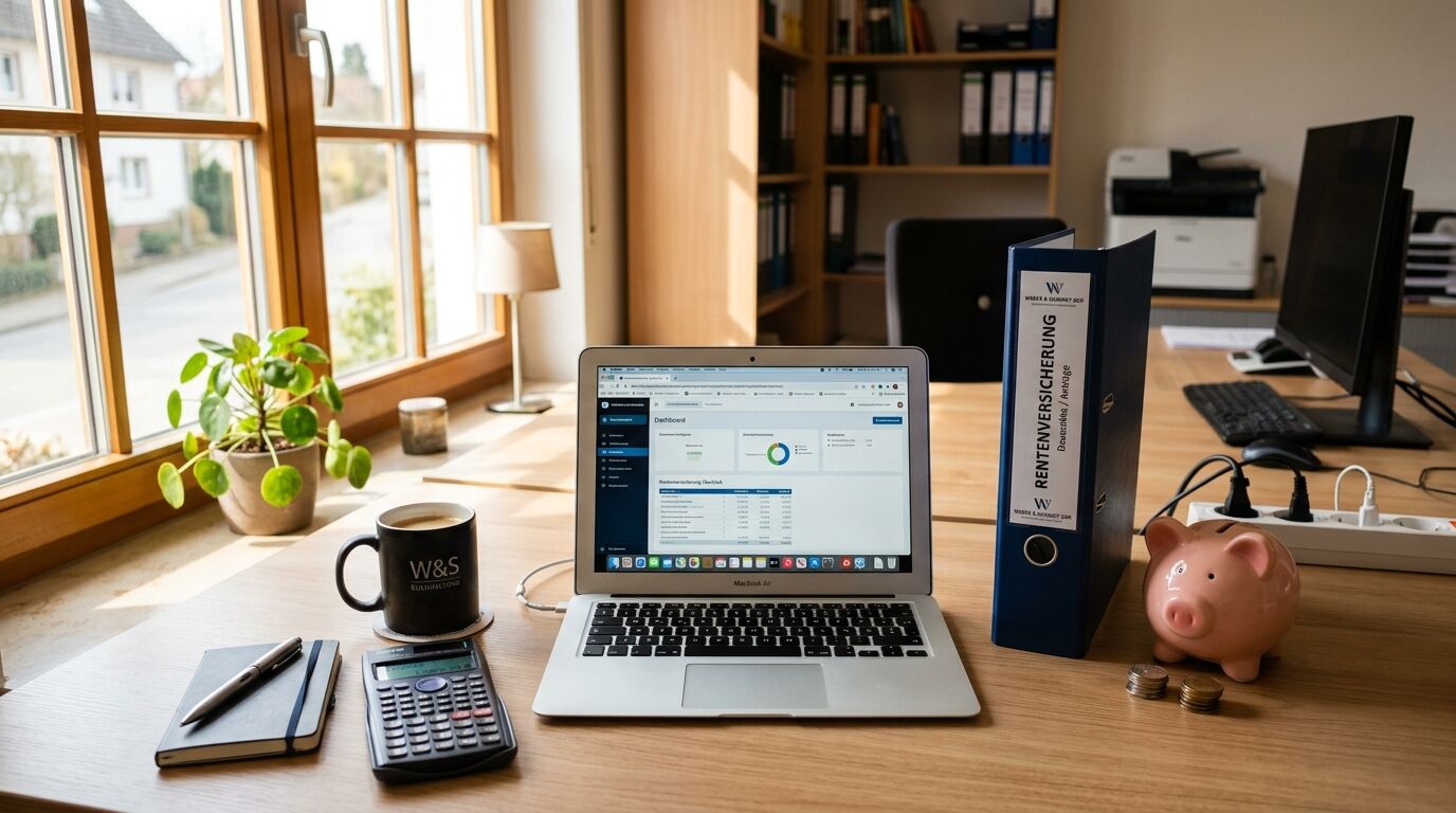 Arbeitsplatz mit Laptop, Rentenordner und Sparschwein