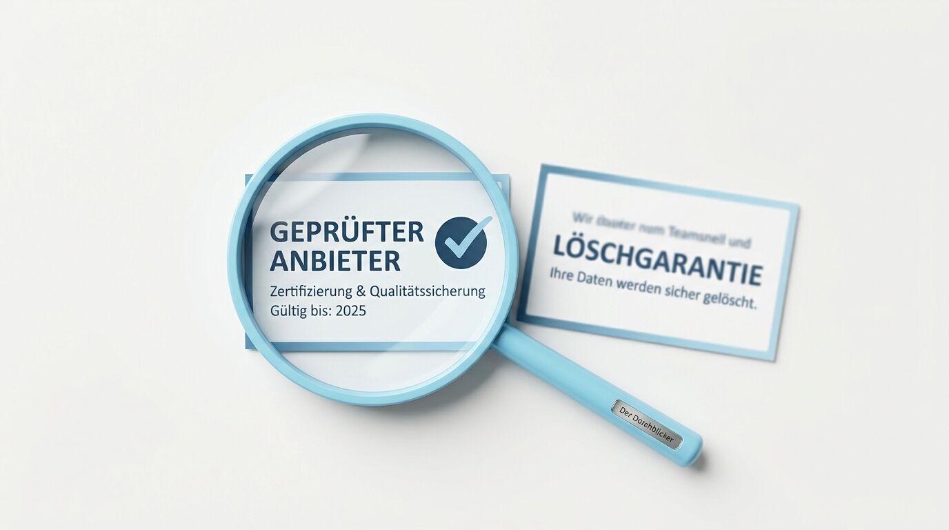 Lupe mit Zertifikat "Geprüfter Anbieter" und Löschtgarantie-Hinweis auf weißem Hintergrund