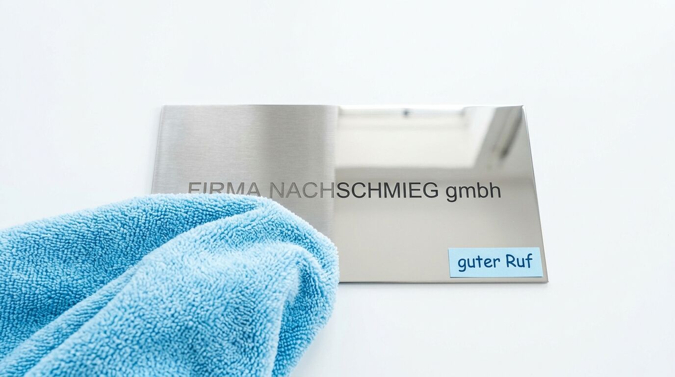 Eine blaue Mikrofasertuch neben einem Edelstahlschild mit "FIRMA NACHSCHMIEG gmbh" und "guter Ruf"