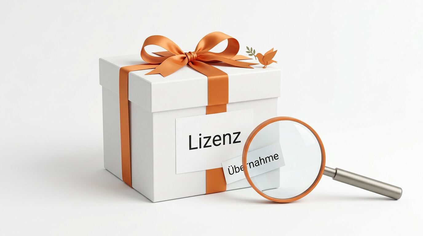 Geschenkbox mit Aufschrift „Lizenz Übernahme“ und einer Lupe daneben, auf weißem Grund