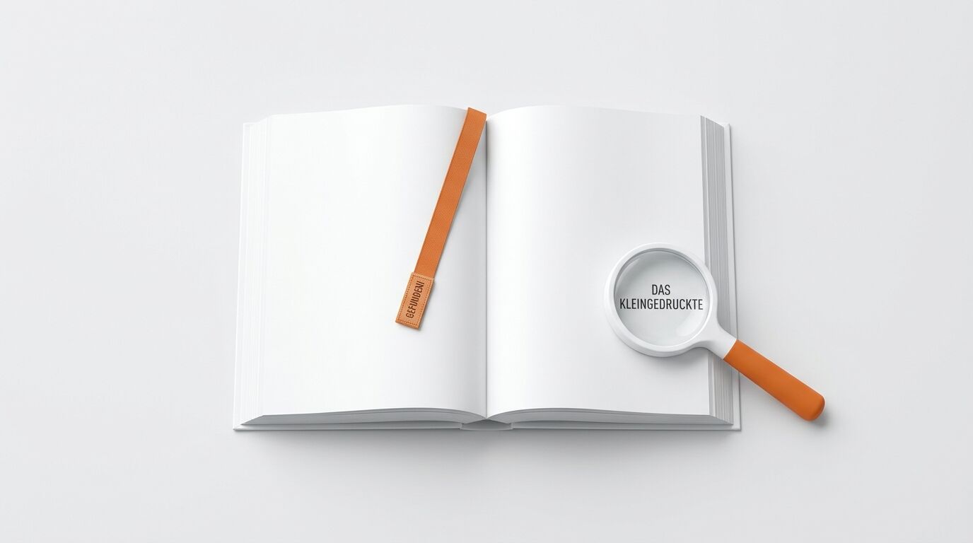 Offenes Buch mit orangefarbenem Lesezeichen links und einer Lupe über dem Wort 'Kleingedruckte'