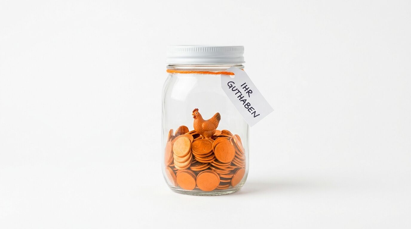 Glasglas mit orangefarbenen Münzen, Plastikhuhn, Etikett mit Aufschrift