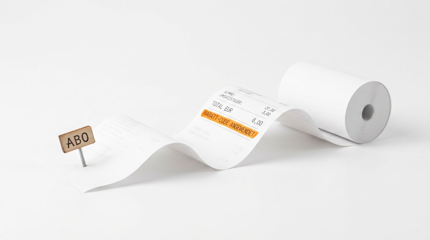 Abgerollter Bon mit „Abo“-Schildchen, Gesamtsumme 6,00 EUR und angewendetem Rabatt-Code