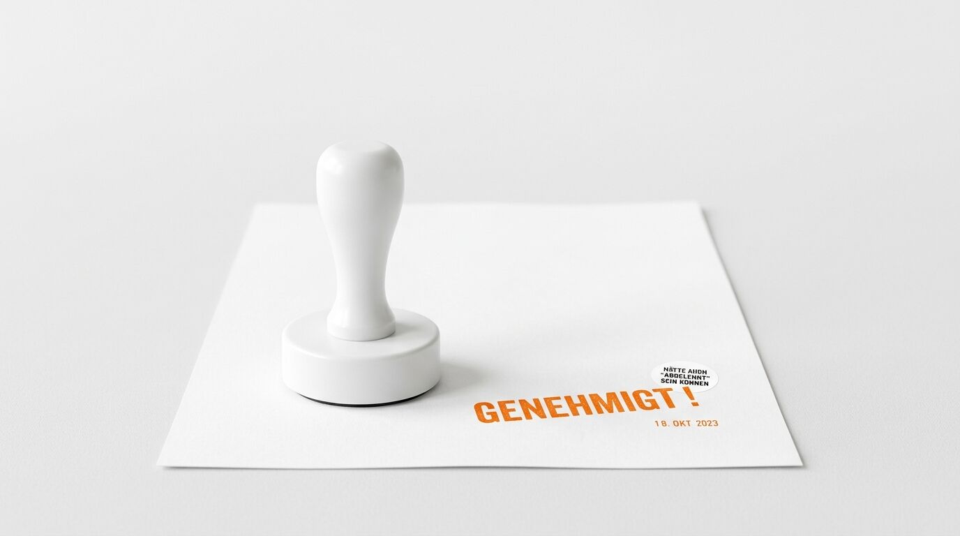 Weißer Stempel auf Papier mit orangefarbenem Aufdruck „GENEHMIGT!“ und Datum