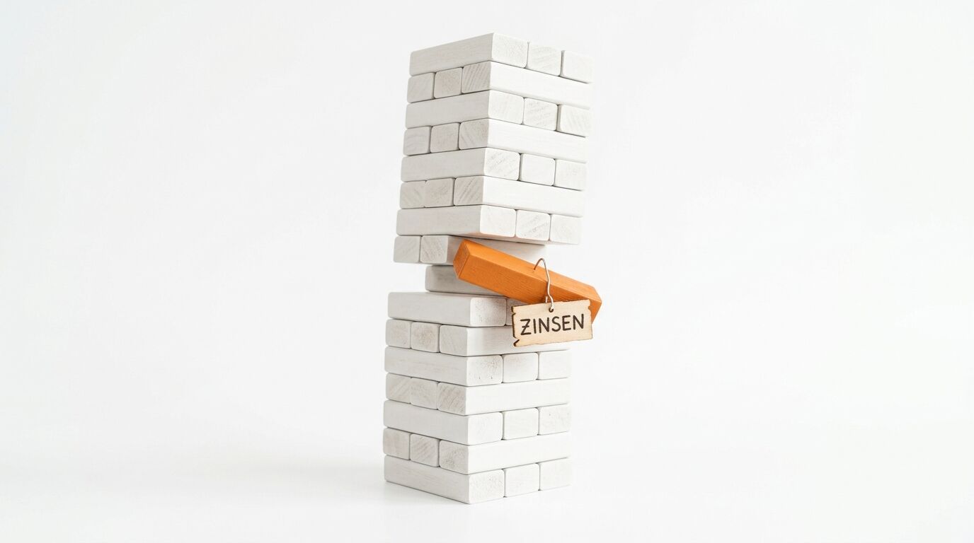 Ein Stapel weißer Holzklötze, ein schiefer oranger Klotz, ein Schild mit der Aufschrift „Zinsen“