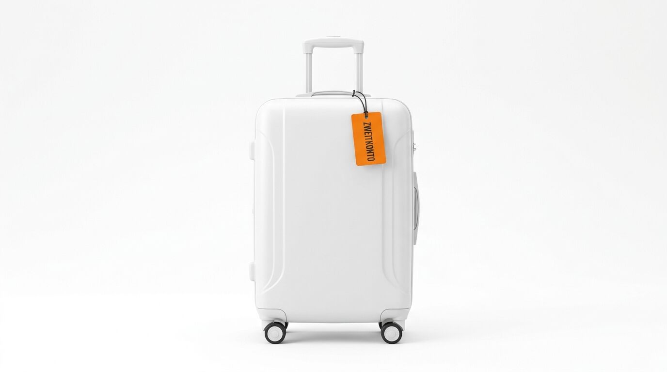 Ein weißer Rollkoffer mit ausgezogenem Griff und einem orangen Gepäckanhänger