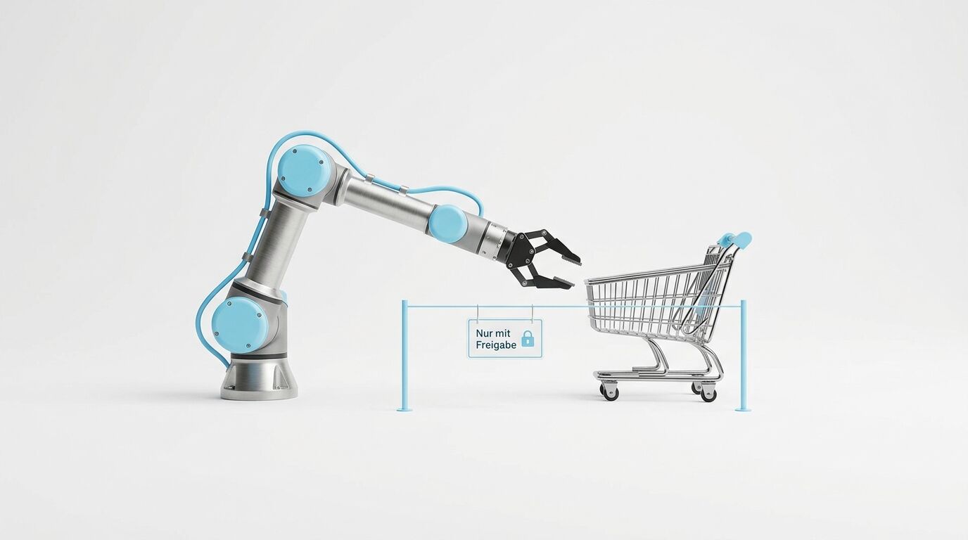 Roboterarm greift Einkaufswagen, getrennt durch Band mit Schild 