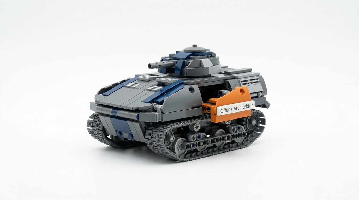 Grau-blauer Lego-Panzer mit offenem Seitenfach und Text „Offene Architektur“ vor weißem Hintergrund