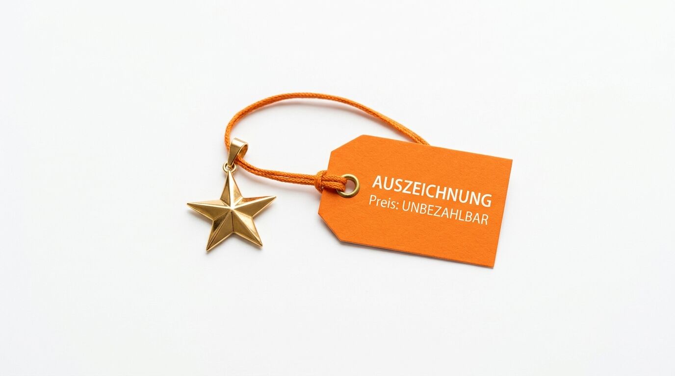 Goldstern mit oranger Schnur und Etikett „AUSZEICHNUNG Preis: UNBEZAHLBAR“ auf Weiß