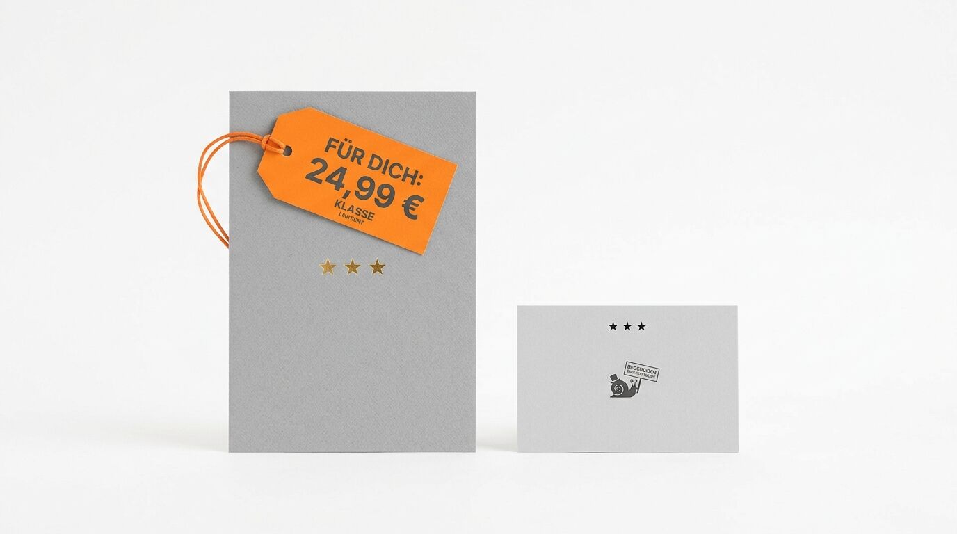 Graue Tüte mit Preisschild, orange, 24,99 €, drei goldene Sterne, rechts graue Karte mit Schnecke
