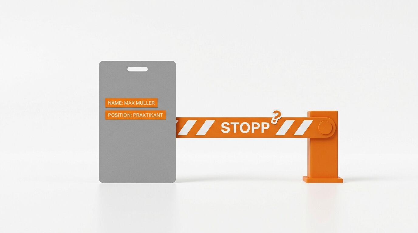 3D-Grafik eines grauen Mitarbeiterausweises neben einer orangefarbenen Stopp-Schranke