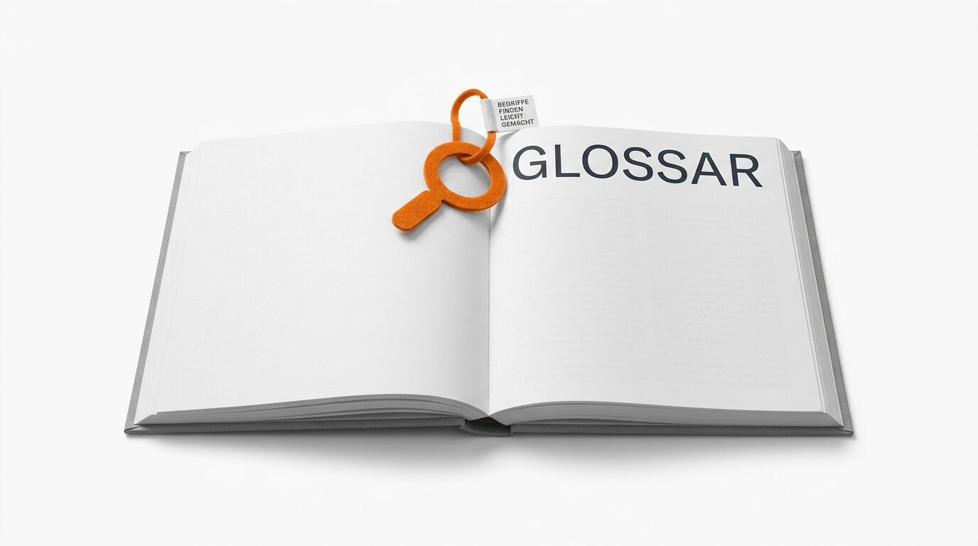 Offenes Buch mit Text „GLOSSAR“ und oranger Lupe auf weißem Grund