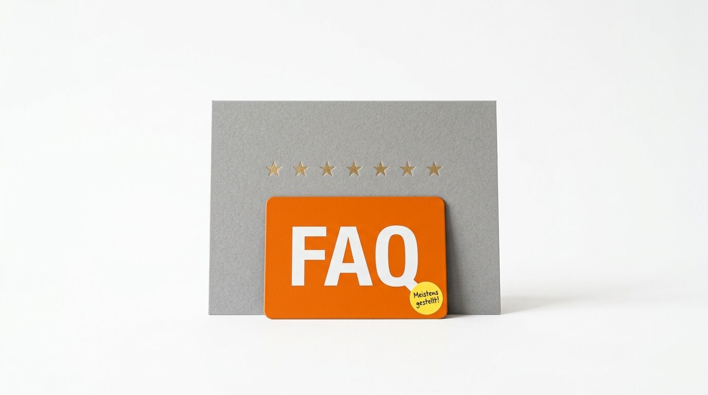 Orangefarbene Karte mit Aufschrift „FAQ“ vor grauer Karte mit sieben Sternen auf Weiß